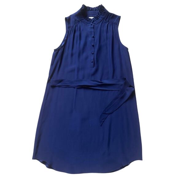 Amanda Uprichard Sleeveless Silk Belted Shift Mini Dress Ruffle Trim Navy EUC L - Picture 2 of 6